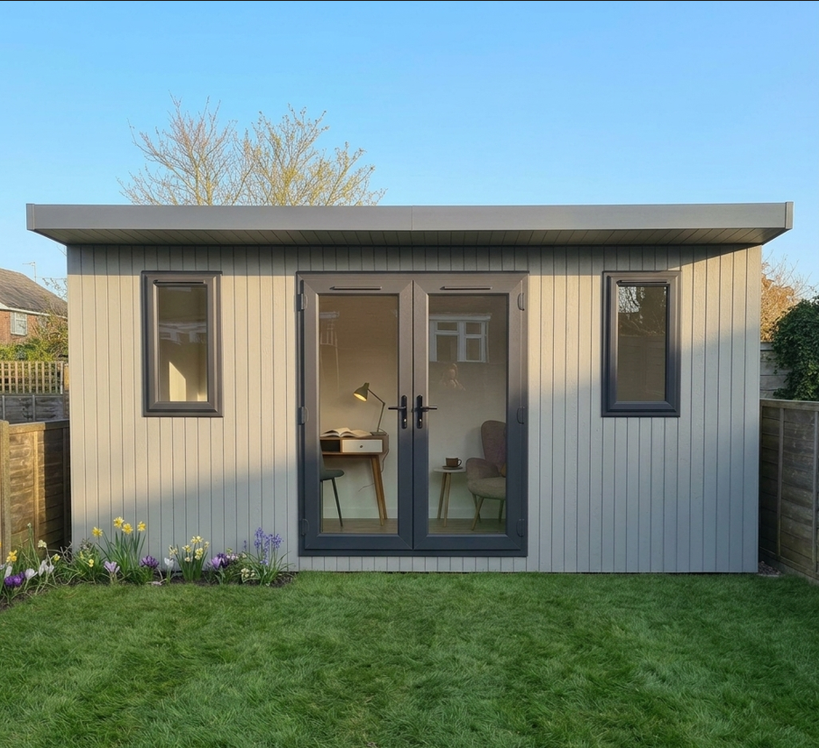 5.4m x 3.8m SIP garden room in Silver Birch ToughWood with anthracite French doors