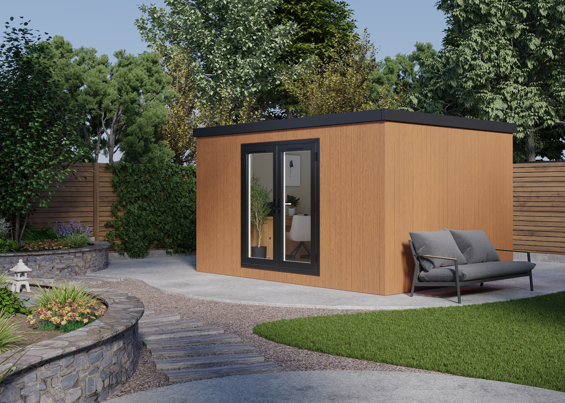 Ready to Go range 4.2m x 3.2m Pent Haus garden room in Cedar ToughWood with central French doors