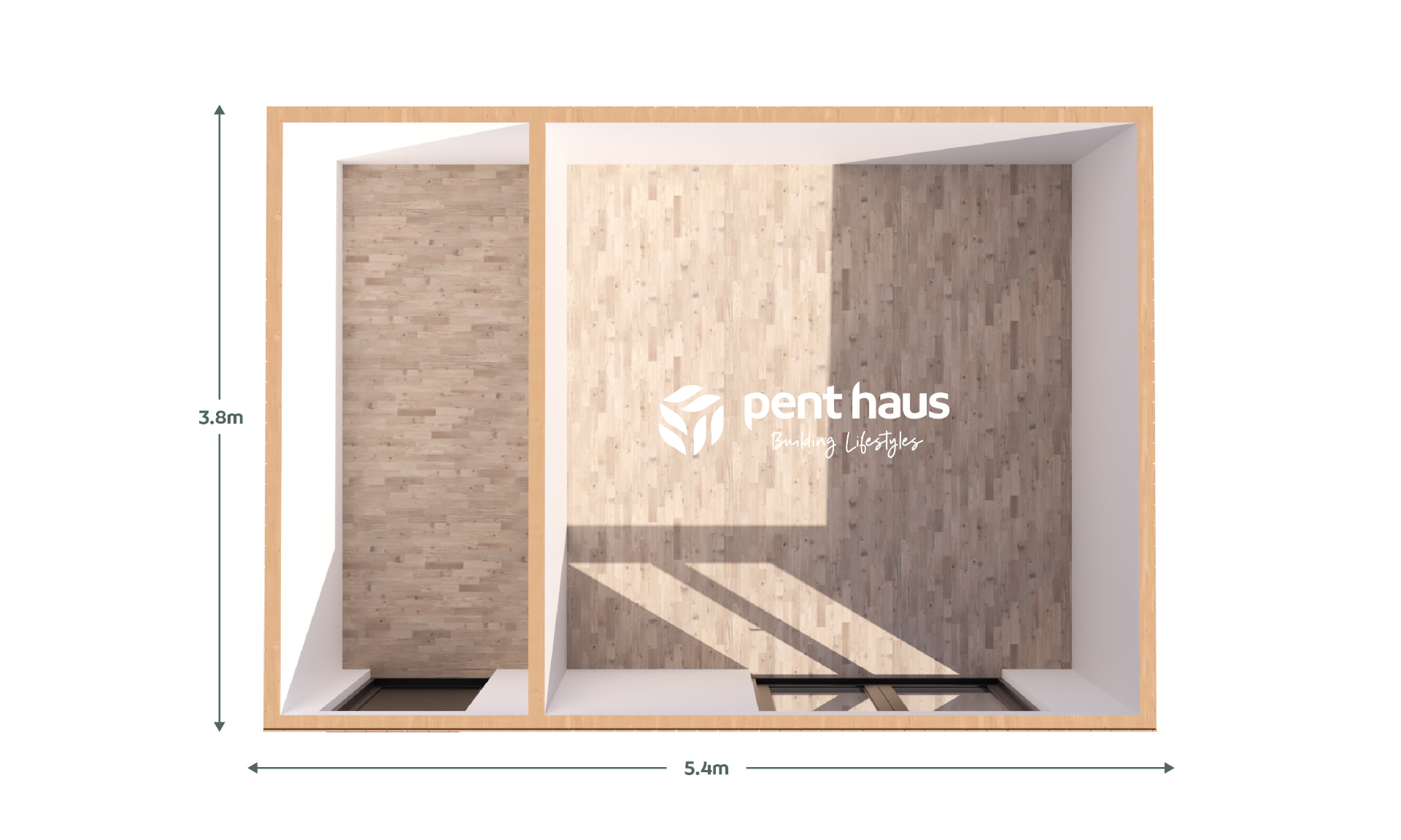 Floor plan of the 5.4m x 3.8m Ready to Go Pent Haus garden room with separate side store