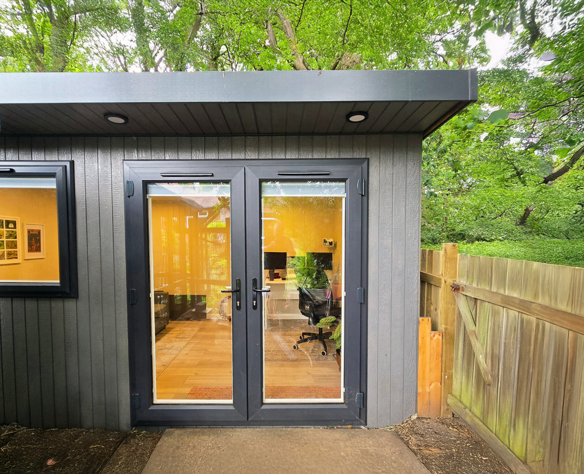 Mountain Ash ToughWood garden office with French doors and a living green roof