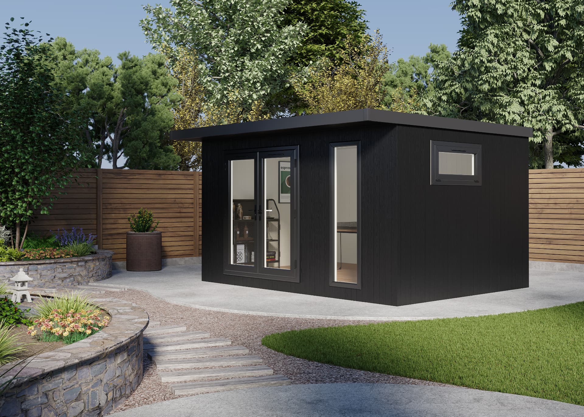 Ready to Go range garden room in black cladding with anthracite French doors and side window