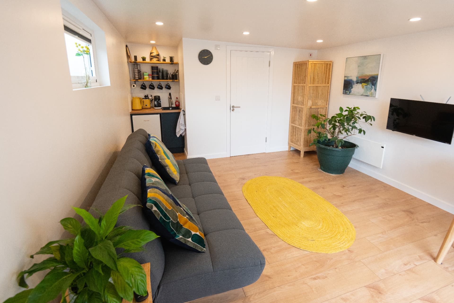 Garden annexe interior with sofa, kitchenette, wall-mounted TV and shower room door