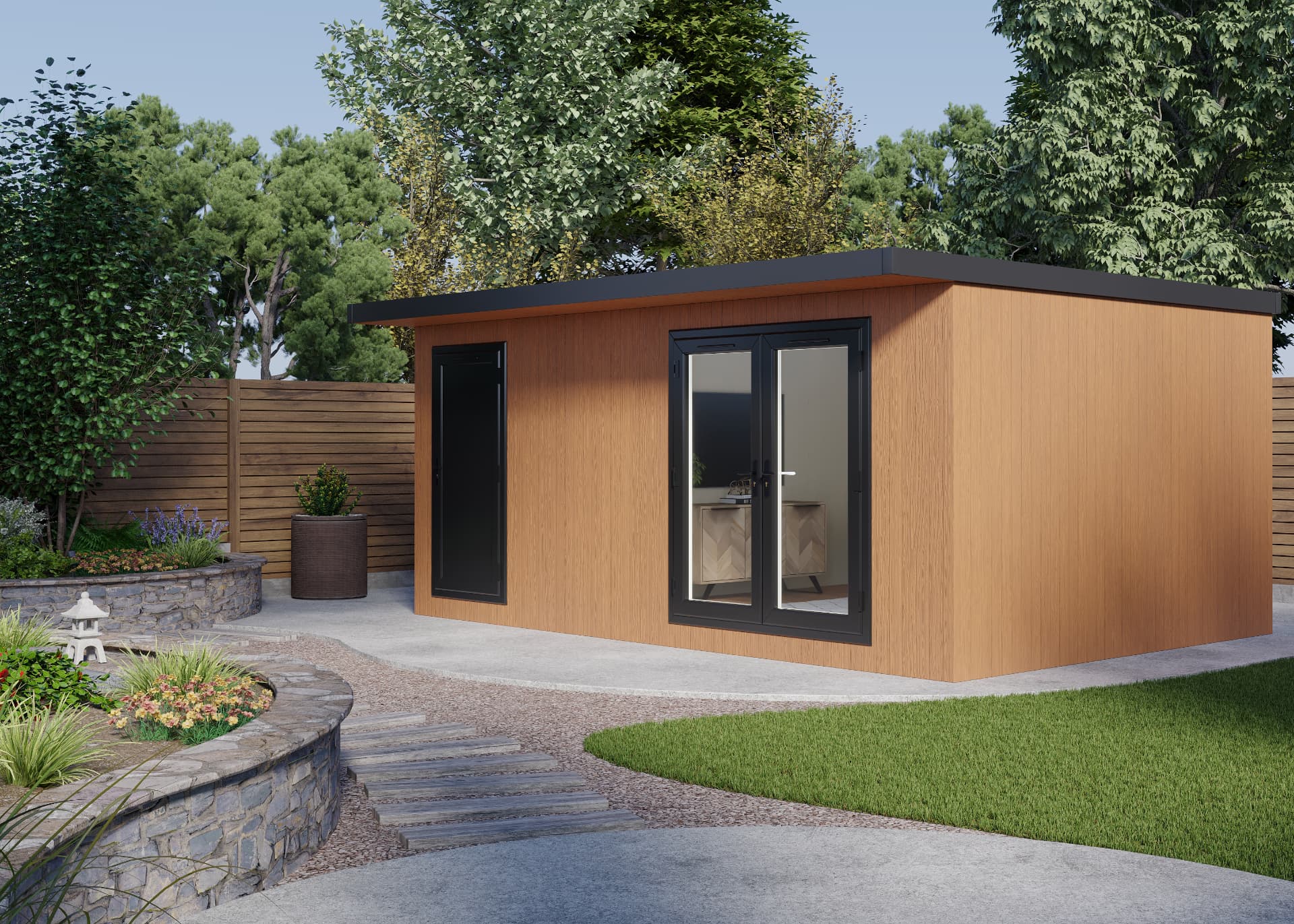 Ready to Go range 5.4m x 3.8m Pent Haus garden room in Cedar ToughWood with anthracite French doors