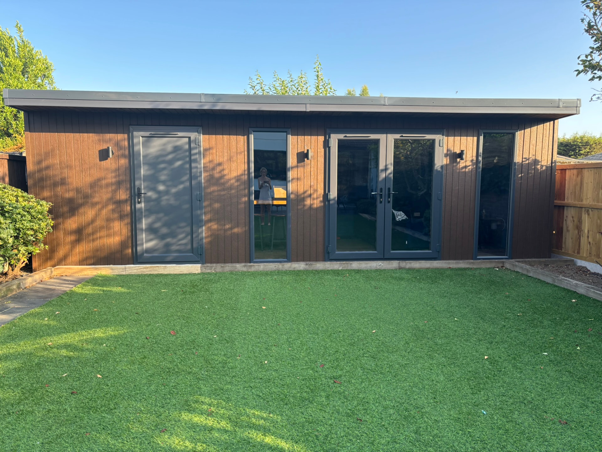 7.8m x 3.6m ToughFrame Pro garden room in Weathered Oak ToughWood, front on