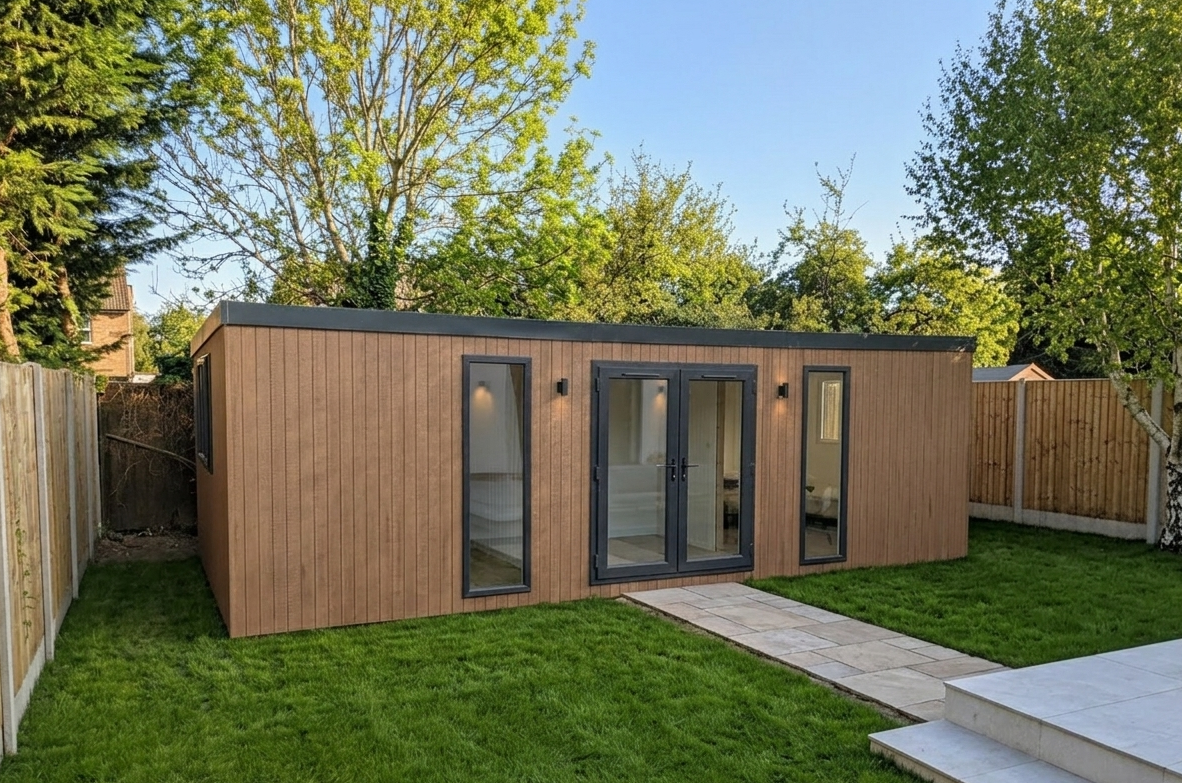 7.8m x 3.8m Signature SIPs Astana Range garden room in Cedar ToughWood with full-height windows