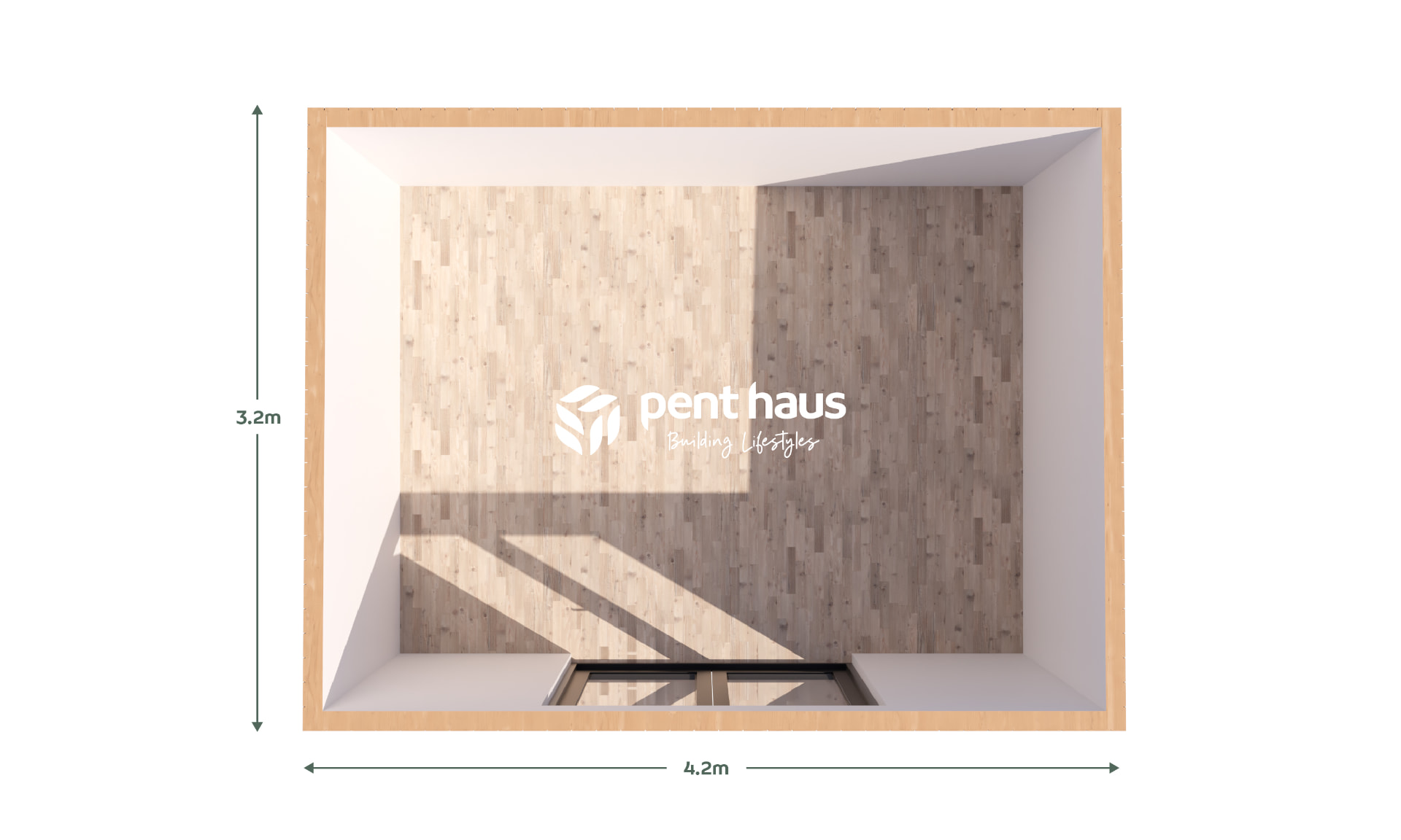 Floor plan of the 4.2m x 3.2m Ready to Go Pent Haus garden room, single open-plan space
