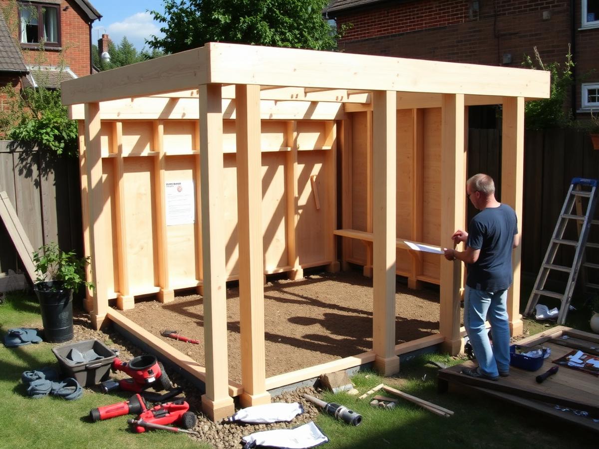 Two people assembling a garden room kit in a back garden